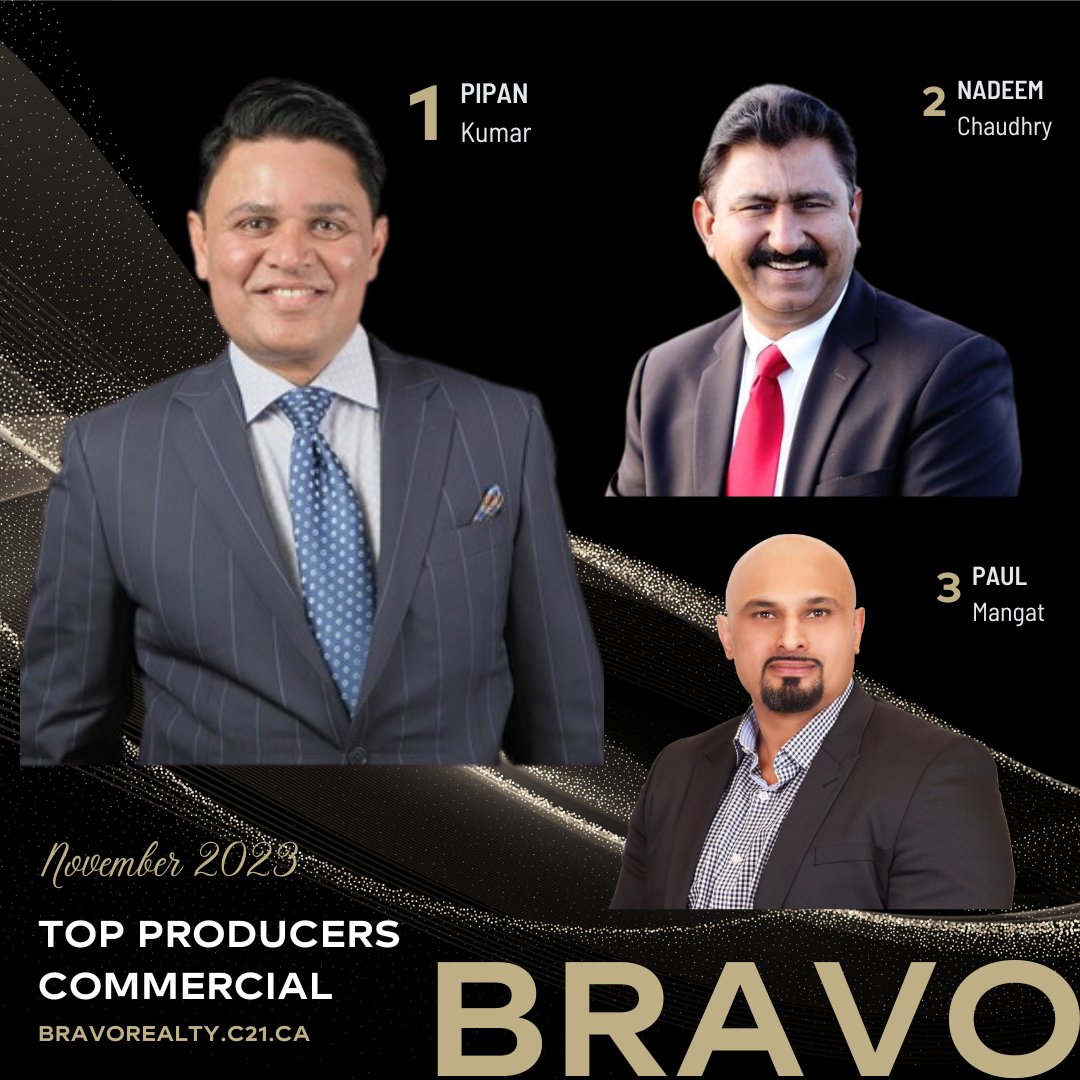 🌟 Century 21 Bravo Realty congratulates our Top Producers Commercial for November 2023!

🏆 1. Pipan Kumar
🏅 2. Nadeem Chaudhry
🏅 3. Paul Mangat

👏🏼 Bravo Super Agents! Way to glow! 👏🏼

#C21bravorealty #TopProducers #TopTeams #CalgaryRealEstate #commercialrealestate