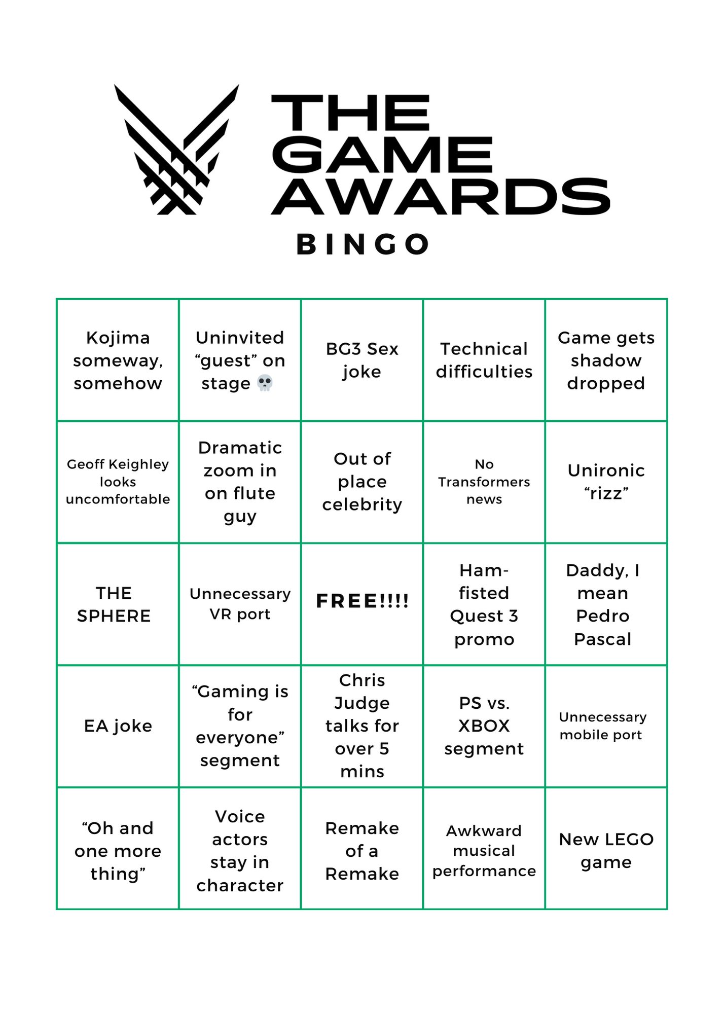 The Game Awards 2023 Bingo Card