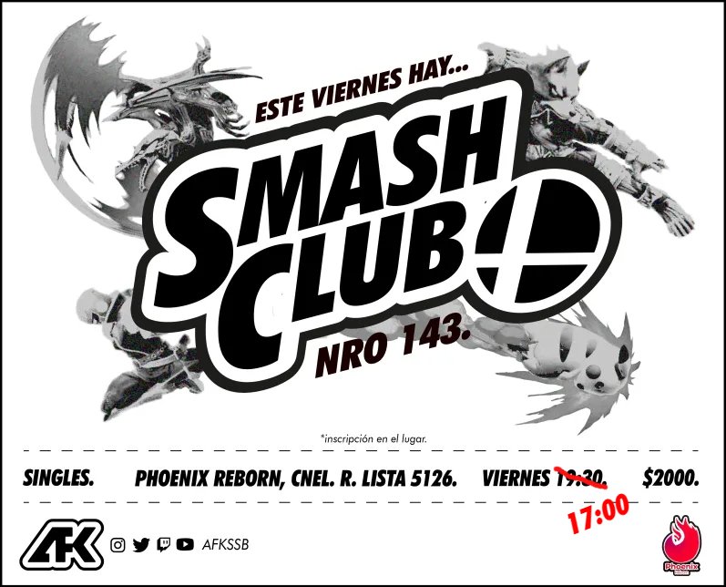 Afkssb's tweet photo. Recuerden que el proximo #SMASHCLUB será el viernes!
🚨IMPORTANTE🚨 ES A PARTIR DE LAS 17:00 POR ESTA VEZ
Como siempre en Phoenix Reborn - Coronel Ramón Lista 5126
Inscrilciones: https://t.co/WKjBziqgua
Sera el torneo más grande en lo que queda del año, no se lo pierdan! https://t.co/js6sFsPUDe