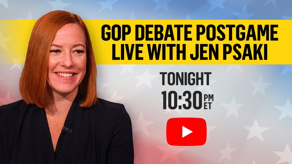 TONIGHT: Join @jrpsaki LIVE on @YouTube for the GOP Debate Postgame with @MichaelSteele @AliciaMenendez @SymoneDSanders @briantylercohen Join tonight at 10:30pm ET!