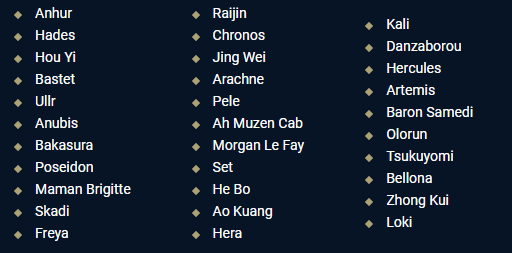 Infamous_Jes's tweet photo. A list of the gods Hi-Rez plans to remove from duel next patch. I do find a lot of these gods to be lame and unfun to go against but I ALSO think that a lot of the duel community mains and loves a lot of these gods. A lot of people will quit the mode just from seeing the list. https://t.co/S9bdktmhGo