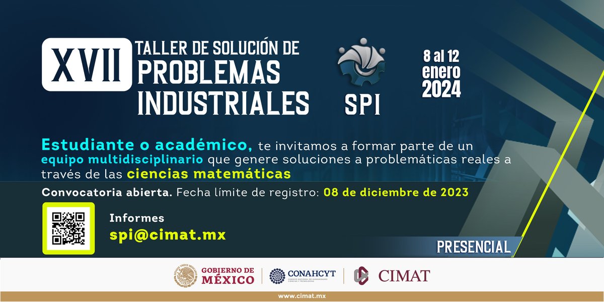 cimatoficial's tweet photo. ¿Eres estudiante o académico, y te gustaría ser parte de los equipos multidisciplinarios del XVII Taller de Solución de Problemas Industriales (SPI 2024)?

¡Regístrate hoy mismo! https://t.co/q52LzzDmHl

⚠️Recuerda que tienes hasta el 08 de diciembre para enviar tu solicitud.⚠️ https://t.co/hiL8dOEcF5