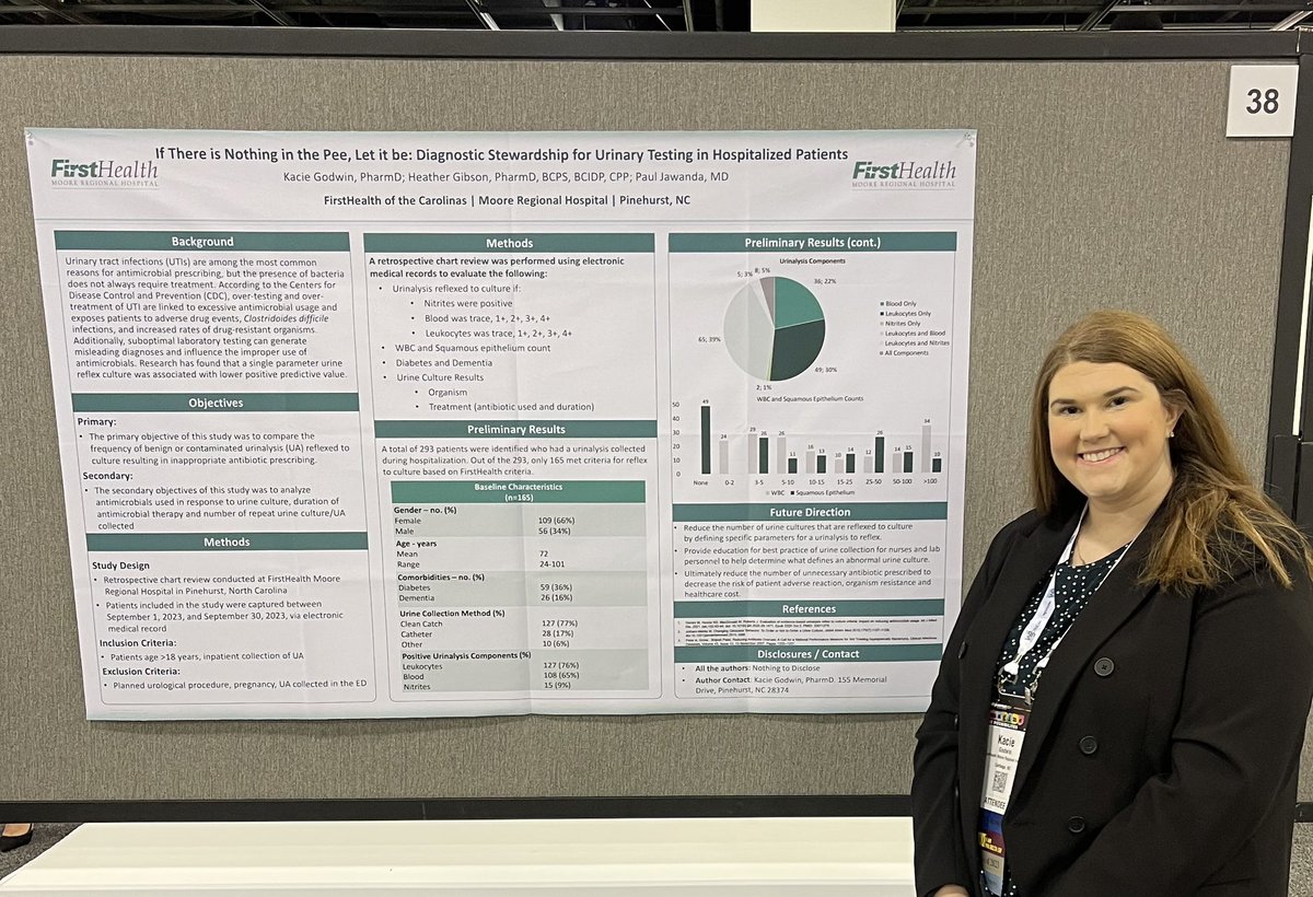 Go check out our amazing resident posters now until 3 pm! PGY2 ED <a href="/BriannaPharmD/">Brianna Brown Pharm.D.</a> is working on pharmacist-managed ED culture call back and <a href="/Kngodwin20/">Kacie Godwin</a> is improving stewardship for urine cultures to decrease unnecessary treatment of ASB! <a href="/FirstHealth/">FirstHealth</a> #ASHP23