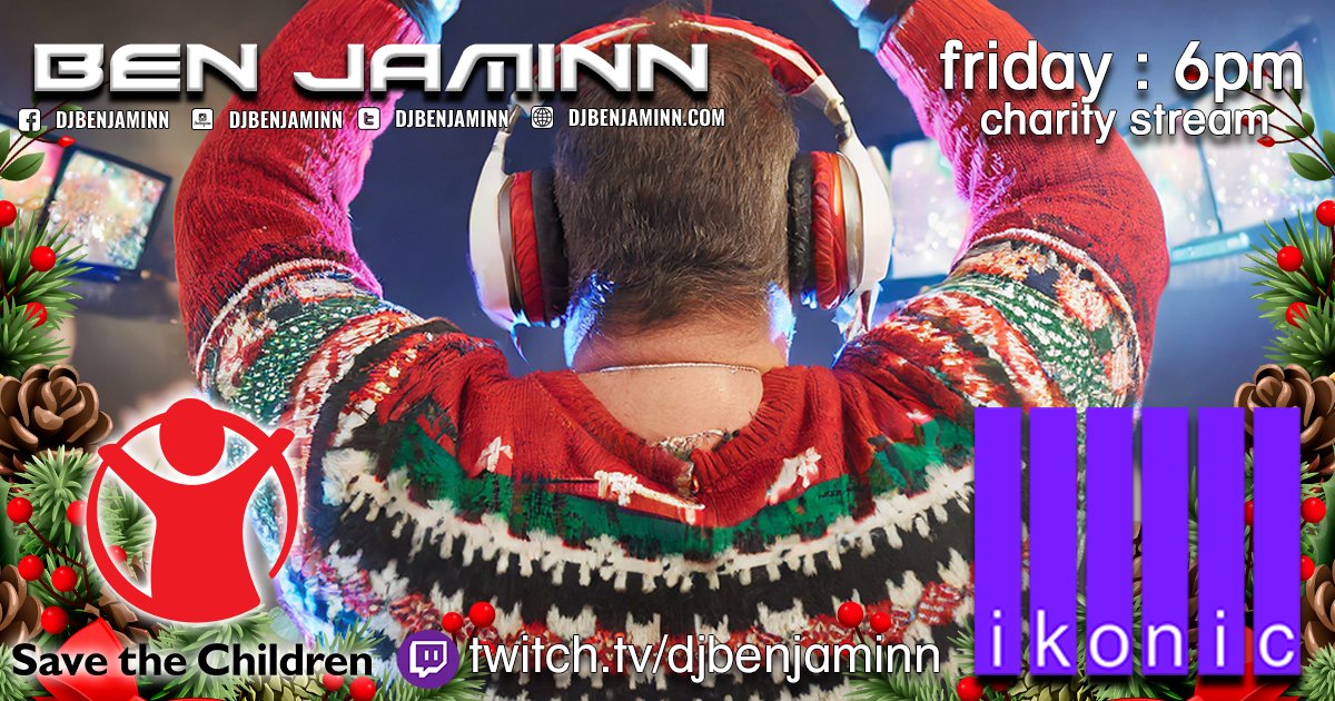 DJBenJamInn's tweet photo. This Friday I'm doing an #Ikonic charity stream for @savechildrenuk  #ChristmasJumperDay from 6pm(GMT)!

Switching up the jumpers on @Twitch for 5 hours hoping to raise some money for a good cause!

Make sure you join me 🔗https://t.co/m5CVmM3snD https://t.co/hI4Dn3p8rF