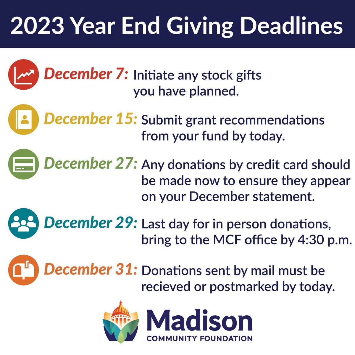 As we quickly approach the end of 2023, here are some year-end giving deadlines you won't want to miss! Call or email MCF's office if you have any questions.