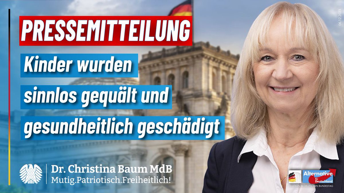 DrChristinaBaum's tweet image. #Maskentragen durch #Kinder war von Beginn an nicht mit der körperlichen #Unversehrtheit und dem #Kindeswohl vereinbar. 

Laut einer Studie kann die Wirksamkeit von Kindermaskenpflichten nicht nachgewiesen werden!
Mehr:
t.me/KlartextBaum/2…
bit.ly/Baum-PM-Kinder
#deswegenAfD