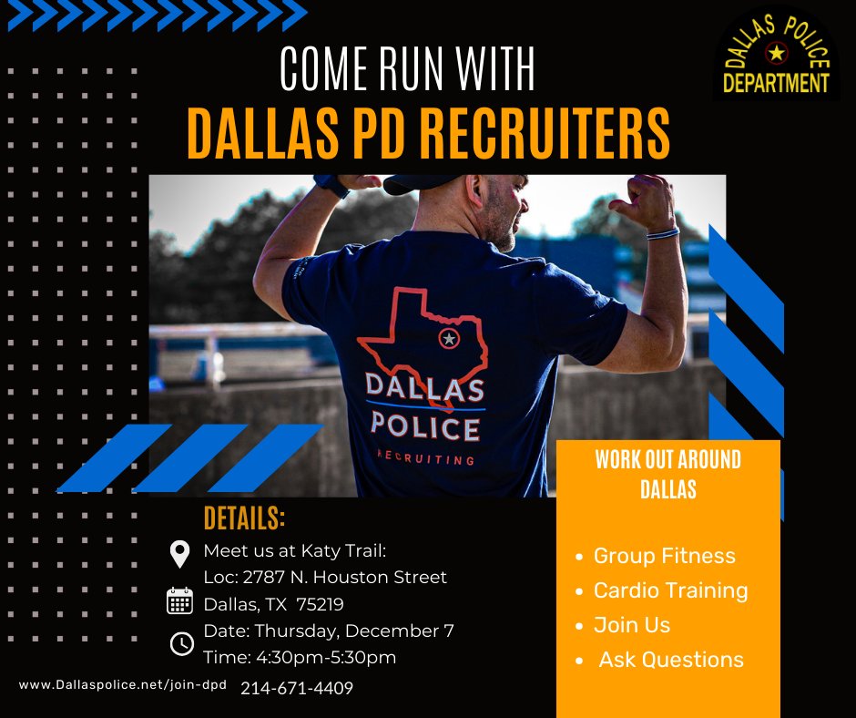 Come run with Dallas PD Recruiters! We will be hitting the trails each week weather permitting. Join us for a relaxed run and ask questions to learn more about the City of Dallas, the Police Department, and the Officers who serve your community.