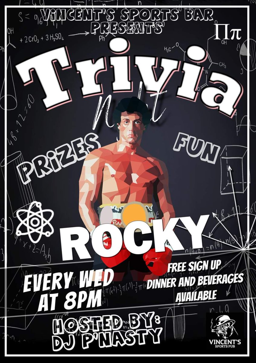 DJPNasty's tweet photo. Come on out to Vincent's Sports Pub and show me how smart you are! Tonight's featured category is the Rocky saga. Ding Ding! https://t.co/B8fuTe67Vg