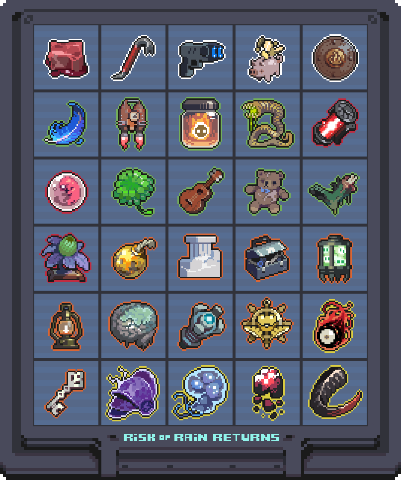 Hainsaw's tweet image. A selection of my favorite item icons for the game.
Doing the item icons for the game was probably the most fun work I did for the whole project, because of the specific resolution, the quantity of them, and how varied they were in theme!
#riskofrain #pixelart #ドット絵