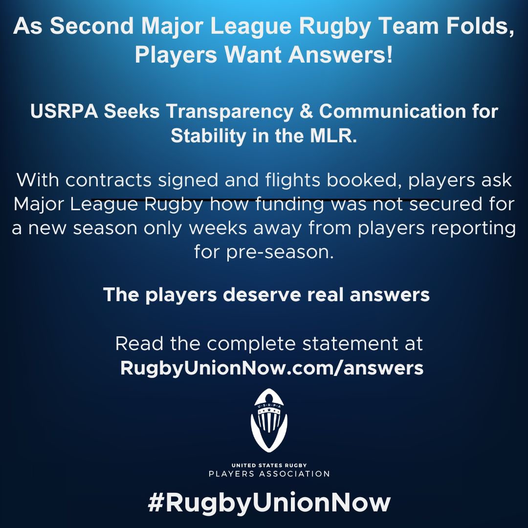 With contracts signed and flights booked, @USARugbyPlayers ask @usmlr how funding was not secured for a new season only weeks away from players reporting for preseason.  Read full statement at RugbyUnionNow.com/answers