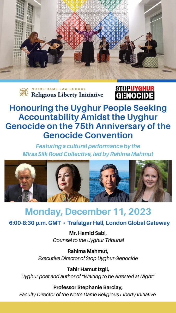 On Monday, we're hosting an event with @UyghurStop at the @NotreDame London Global Gateway. Mr. Hamid Sabi, @TahirIzgil, & Prof. @shbarclay will speak at the event highlighting Uyghur culture. There will also be a performance from @MahmutRahima & the Miras Silk Road Collective.