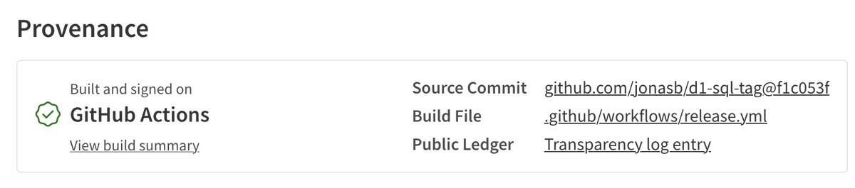 Adding provenance to an NPM package was surprisingly easy, when already building/publishing with GitHub Actions: docs.npmjs.com/generating-pro…