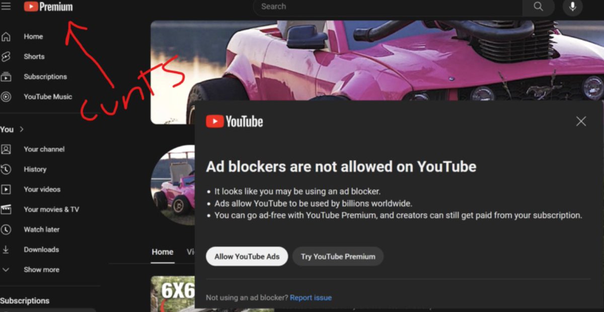Hotfistdotcom's tweet photo. a buddy of mine has youtube premium and is apparently now getting hit with the adblock warning as well, which is just hilarious. You'd think the first thing they'd do while trying to piss off ubo users is make sure they aren't triggering false positives, but hey, fuck youtube https://t.co/g0FLF7Vi5c