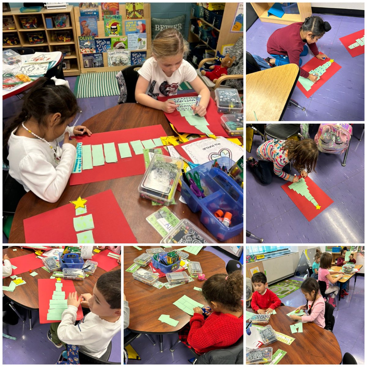 Busy math time in kindergarten. Started our measuring unit! 📏 Building Christmas trees by comparing length and going on a scavenger hunt to find objects longer and shorter than our string. #WEareLakota @HeritageECS ❤️🫶🏻