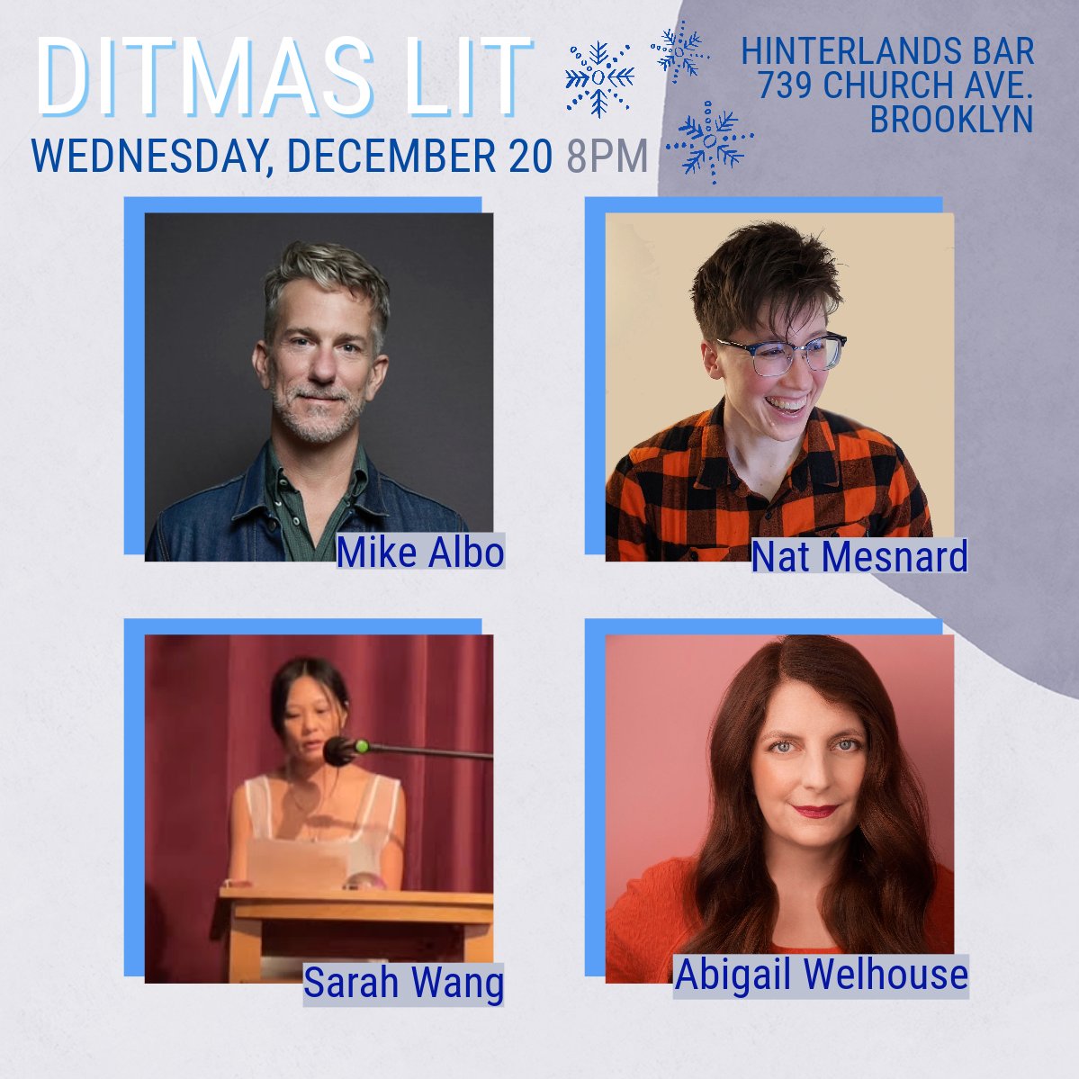 We are so excited for our Dec. 20th show! Not only do we have an incredible lineup with @albomike @natmesnard @sarah_wwang & @welhouse, but it's also our 7th (!!!) anniversary. Come celebrate with us! ❄️⛄️