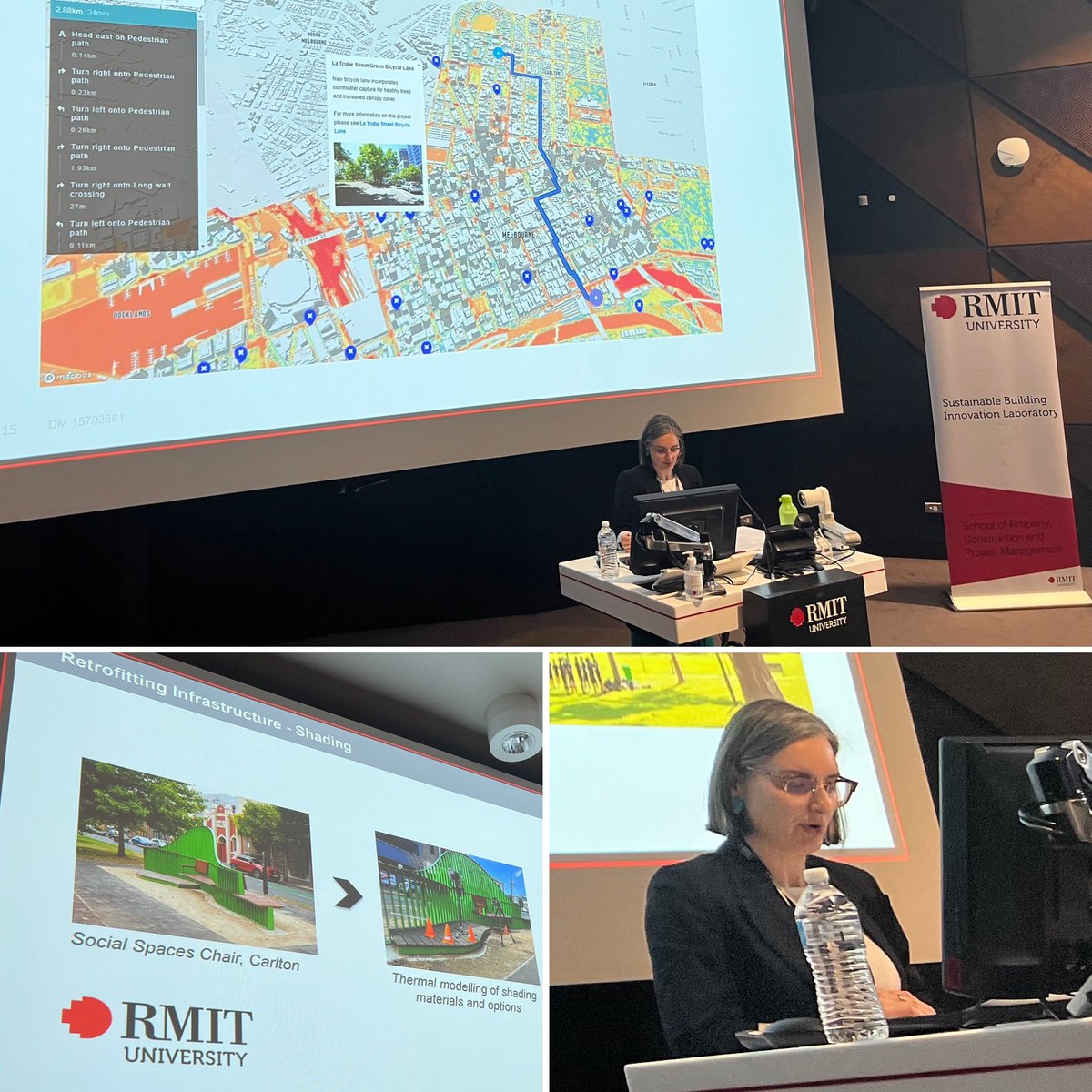 DrMMAndamon's tweet photo. Candace Jordan, Climate Change Adaptation Lead for @cityofmelbourne sharing the city’s heat safe principles and intervention projects | keynote on Day 4 of #IC2UHI2023 @RMIT @SBiLab   #climatechange #warmingcities #coolingcities #warmingclimate #resilientcities https://t.co/gTkb2YBlrz