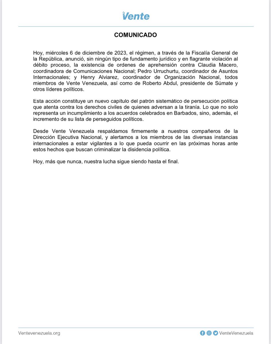 Ante la victoria cívica del 22 de octubre, el régimen arremete contra ciudadanos inocentes. 
Ordenan la detención de varios  ciudadanos por haber participado en las Primarias: Roberto Abdul, Presidente de Súmate, tres miembros de nuestra Dirección Nacional: Henry Alviarez,