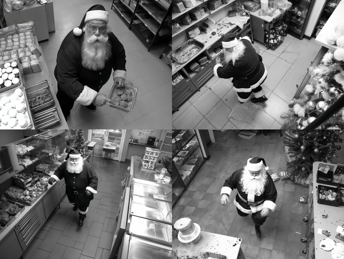 Security camera footage of Santa robbing a bakery