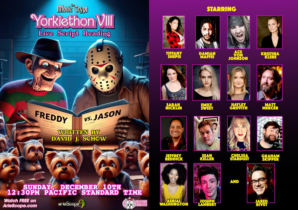 This year's live script read at #YORKIETHON8 will be David J Schow's unproduced '90s draft of #FreddyVsJason!! I will be joining a fantastic cast for this live, one-time-only reading, 12:30pm on Sunday, Dec 10th! Check out ariescope.com all weekend to watch & donate!
