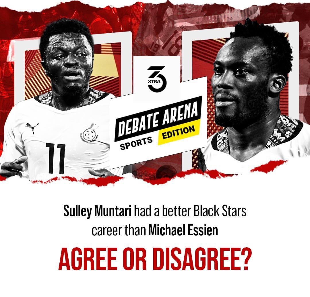 Sulley Muntari had a better Black Stars career than Michael Essien. 

Do you agree or disagree?🤔 

Let us know what you think by joining the conversation.  

#DebateArena #3Xtra