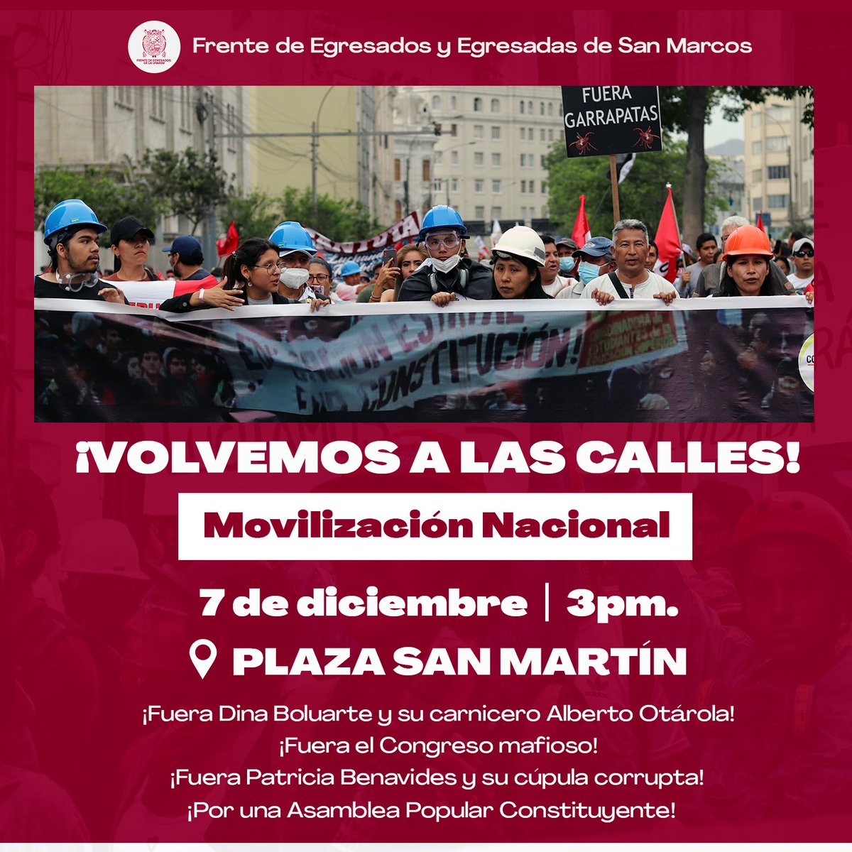 ocoronelc's tweet photo. Convocatorias para la movilización nacional de mañana 7 de diciembre, #QueSeVayanTodos #FujimoriNuncaMas 

Convocatorias estudiantiles de San Marcos (Plaza San Martín) y la Católica (Plaza 2 de Mayo). Sociología San Marcos en la Puerta 3 a la 1pm, 1/5 https://t.co/HqdiozRrH9