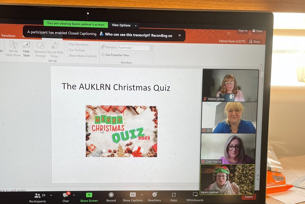 Helen Jones (@helencjo67) on Twitter photo What a privilege to chair the <a href="/AUKLRN/">AUKLRN</a> for the last 3 years. A great meeting today and delighted to hand the chair role to <a href="/JanetteDunkerl1/">Janette Dunkerley</a> in safe and skilled hands. Thanks to <a href="/_kpalmer_/">Karen palmer</a> for the fun (but hard!!) Xmas quiz 🤣 What a privilege to chair the <a href="/AUKLRN/">AUKLRN</a> for the last 3 years. A great meeting today and delighted to hand the chair role to <a href="/JanetteDunkerl1/">Janette Dunkerley</a> in safe and skilled hands. Thanks to <a href="/_kpalmer_/">Karen palmer</a> for the fun (but hard!!) Xmas quiz 🤣