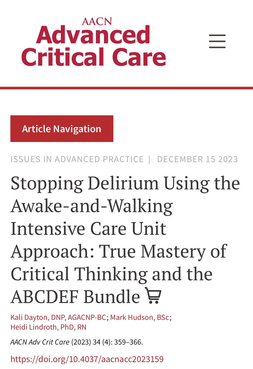 Thank you, @MarkThomHudson and @minipixie26 for allowing me the honor of collaborating on this article with you. aacnjournals.org/aacnacconline/… #a2fbundle #awakeandwalkingicu