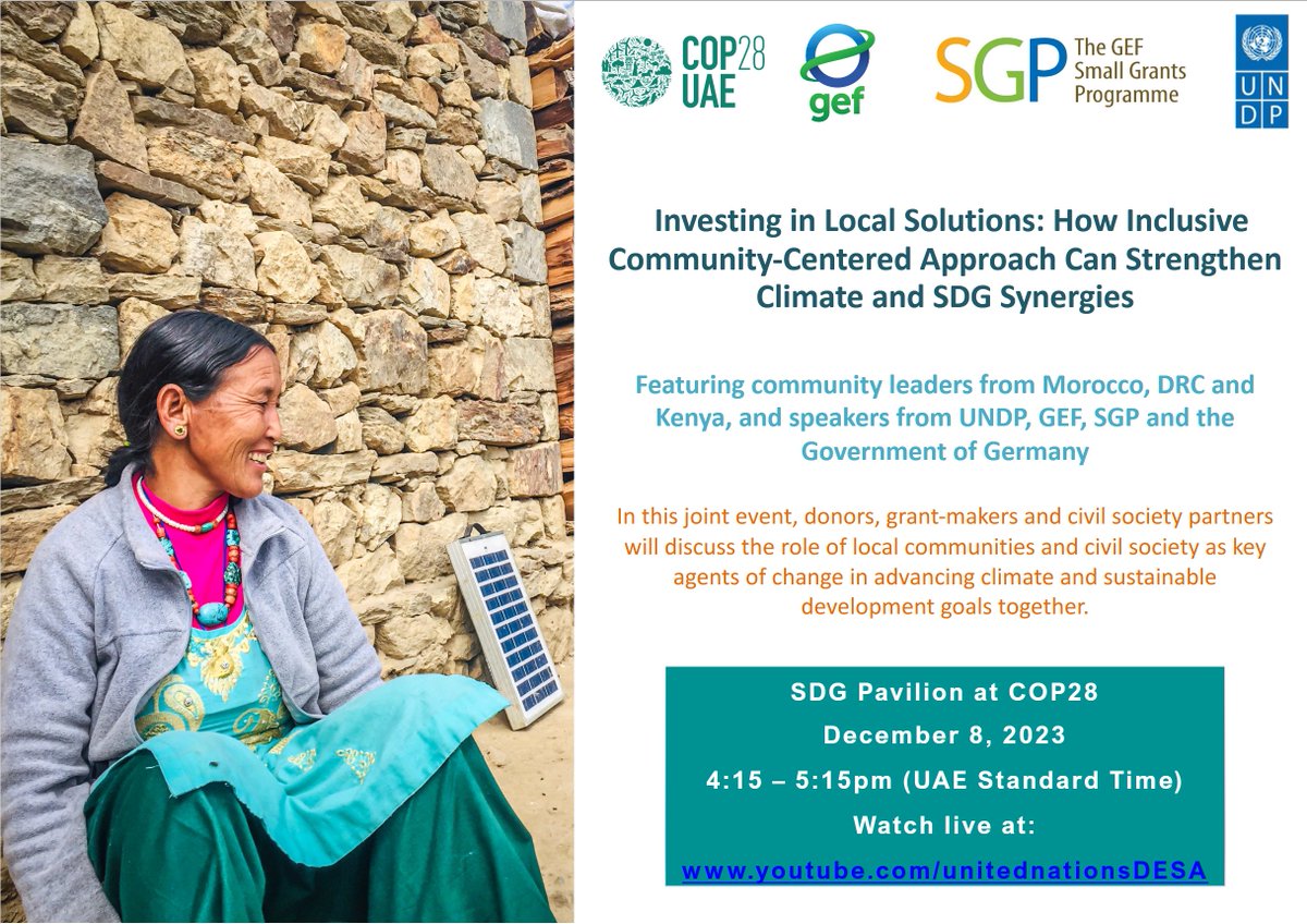 Save the date!   

Join us to discuss the importance of community-focused approach and the impacts of #LocalAction.

📅 December 8, 2023 
🕑16:15-17:15
📍 #COP28 SDG Pavilion

Livestream: youtube.com/unitednationsD…