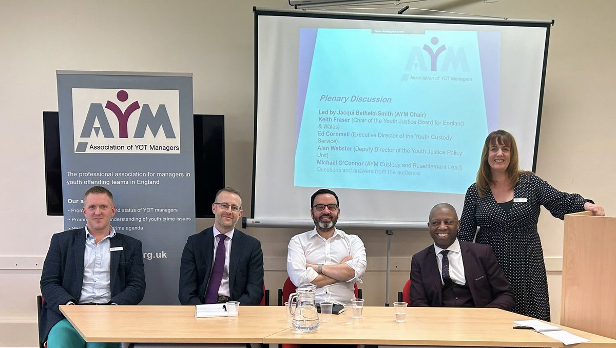 Jacqui Belfield-Smith MBE (@jacquibs) on Twitter photo Excellent plenary discussion and Q&A to close an inspiring AYM <a href="/AssnYOTmanagers/">Assn of YOT Managers</a> Conference in Rugby, focused on ‘Rethinking Custody & Resettlement’ learning from across the sectors <a href="/MOConnor82/">Michael O'Connor</a> <a href="/YCSExecDirector/">Sonia Brooks</a> Alan Webster <a href="/MoJGovUK/">Ministry of Justice</a> <a href="/keithfraser2017/">Keith Fraser</a> #AYMAutumnConference2023 Excellent plenary discussion and Q&A to close an inspiring AYM <a href="/AssnYOTmanagers/">Assn of YOT Managers</a> Conference in Rugby, focused on ‘Rethinking Custody & Resettlement’ learning from across the sectors <a href="/MOConnor82/">Michael O'Connor</a> <a href="/YCSExecDirector/">Sonia Brooks</a> Alan Webster <a href="/MoJGovUK/">Ministry of Justice</a> <a href="/keithfraser2017/">Keith Fraser</a> #AYMAutumnConference2023