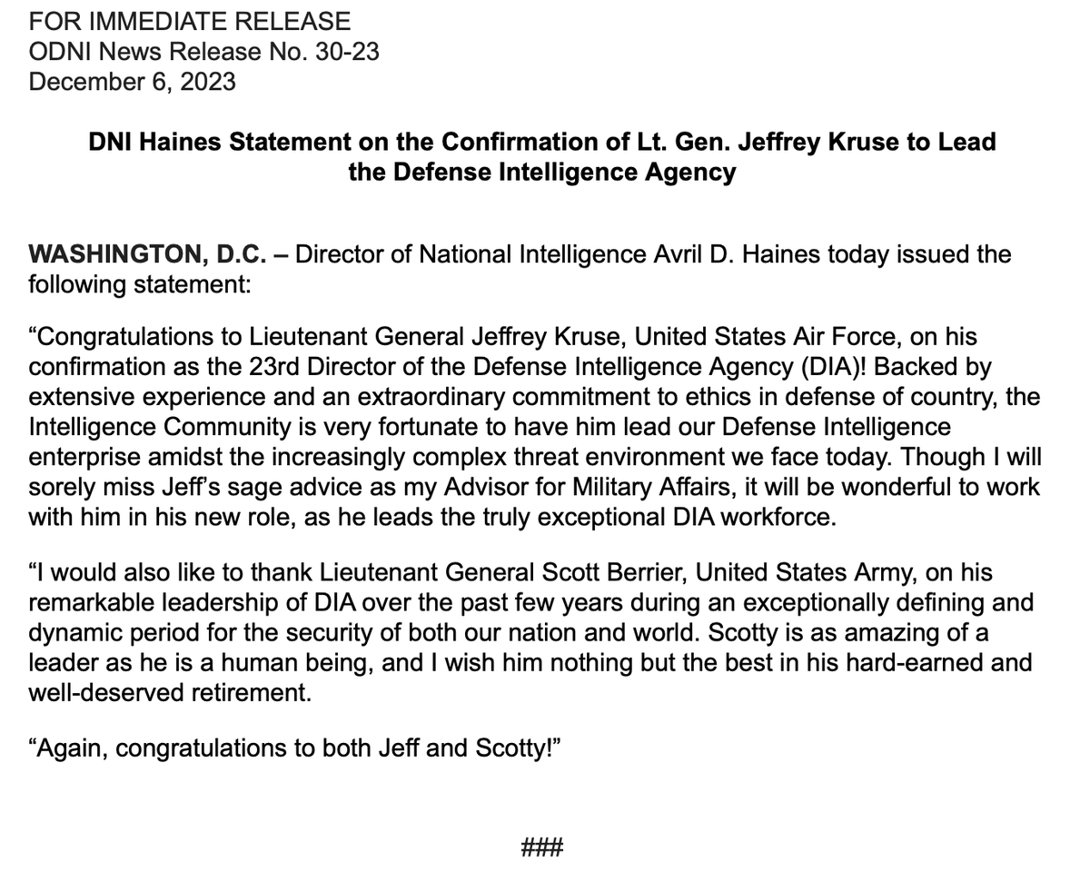 .@DefenseIntel has a new director LtGen Jeffrey Kruse, former advisor to @ODNIgov Dir Avril Haines on military affairs - now confirmed Full statement from DNI Haines:
