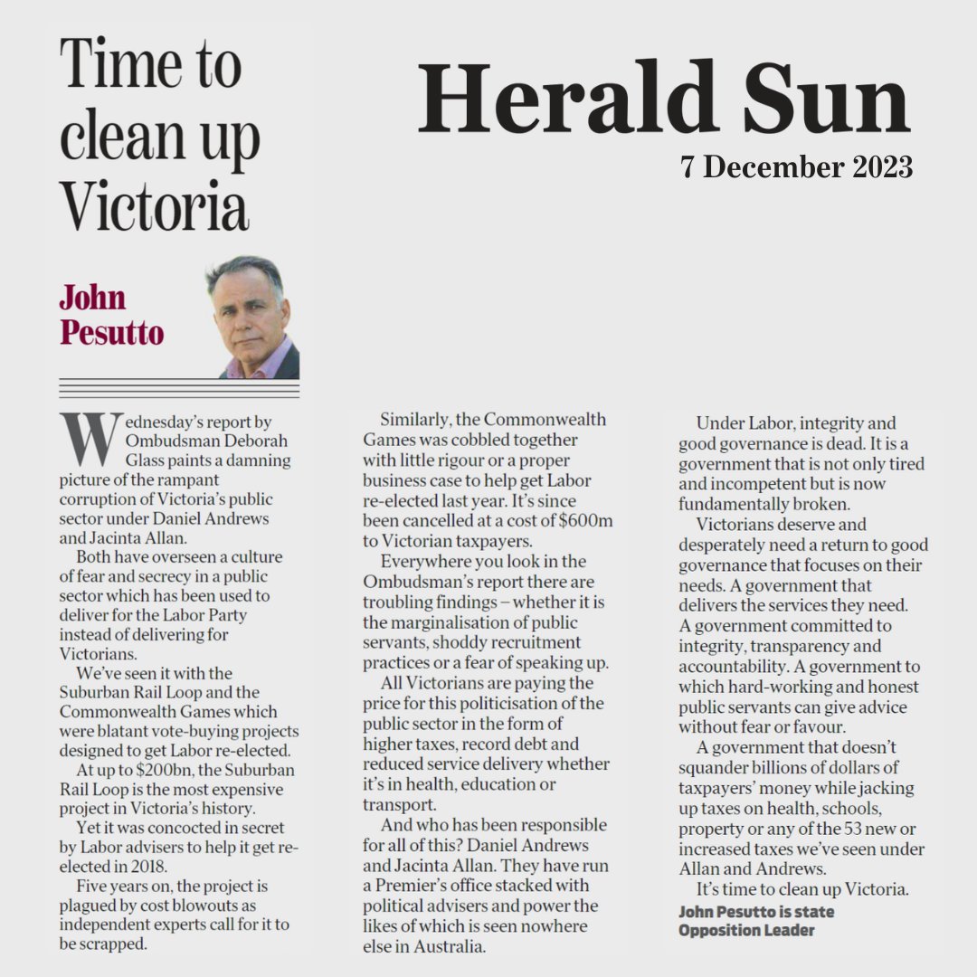It’s time to clean up Victoria. My piece in today’s Herald Sun on the Ombudsman’s damning report on the politicisation of the public service under Jacinta Allan and Daniel Andrews. JP