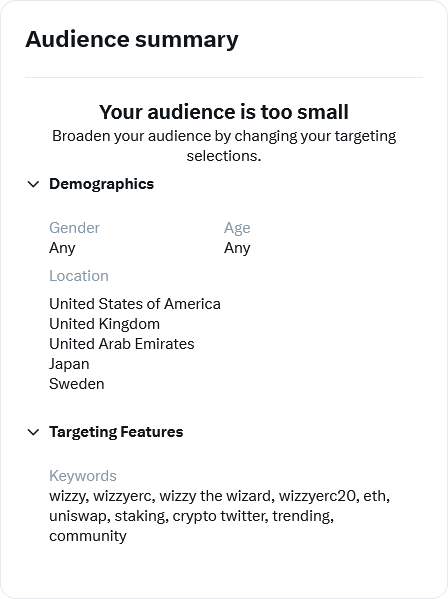 wizzyerc's tweet photo. "Your audience is too small"... Yeah your right @AdsSupport, only 5 locations can be selected. I could not get Universe to come up as an option... please fix?

#WIZZY https://t.co/eOKHBMldZL