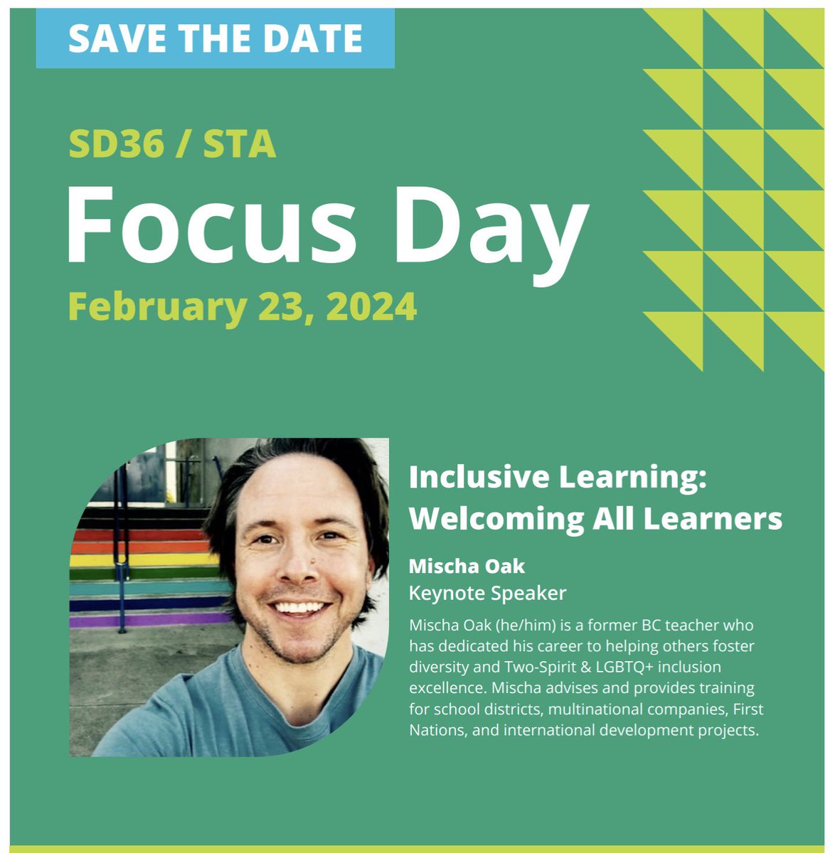 MsHurtubise's tweet photo. Attention Surrey colleagues! Save the Date! Focus Day will be on the Feb 23 pro d day.
@SurreyTeachers & @Surrey_Schools are excited to share our theme is โInclusive Learning: Welcoming All Students.โ Our keynote will be delivered by @MischaOak
#sd36tl #sd36learn #focusday https://t.co/IdDVS8wKXx