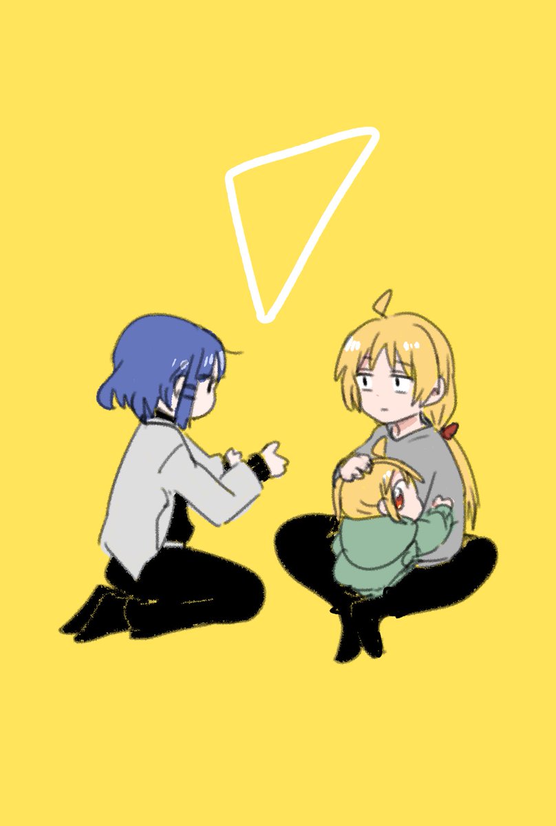 ijichi nijika ,yamada ryo multiple girls blue hair blonde hair 3girls short hair long hair yellow background  illustration images