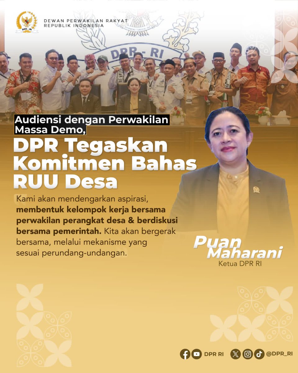 #PimpinanDPR Puan Maharani menerima perwakilan massa dari #Apdesi yg menuntut segera disahkannya revisi UU #RUUDesa.
DPR akan membuat kelompok kerja dgn Apdesi serta memaksimalkan penyerapan aspirasi dgn membuat saluran komunikasi dgn organisasi kepala desa.

#Audiensi