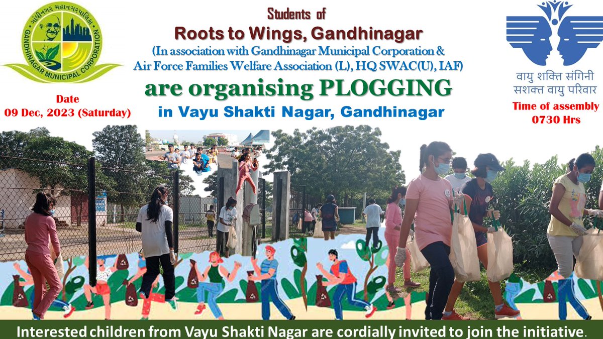 A PLOGGING &amp; Clean drive is being organised by students of <a href="/RootstoWingsGN/">Roots to Wings Gandhinagar</a> in #gandhinagar on Saturday.
You are cordially invited.
<a href="/iRitaPatel/">Rita Patel</a> <a href="/Hello_Gnagar/">Hello_gandhinagar</a> <a href="/Plasticsimpact/">Plastics impact campaign</a> <a href="/SwachhBharatGov/">Swachh Bharat Urban</a> <a href="/IITianPLOGGer/">Earthkid S Jindal</a> <a href="/GandhinagarMC/">Gandhinagar Municipal Corporation</a> <a href="/AdaniFoundation/">Adani Foundation</a>