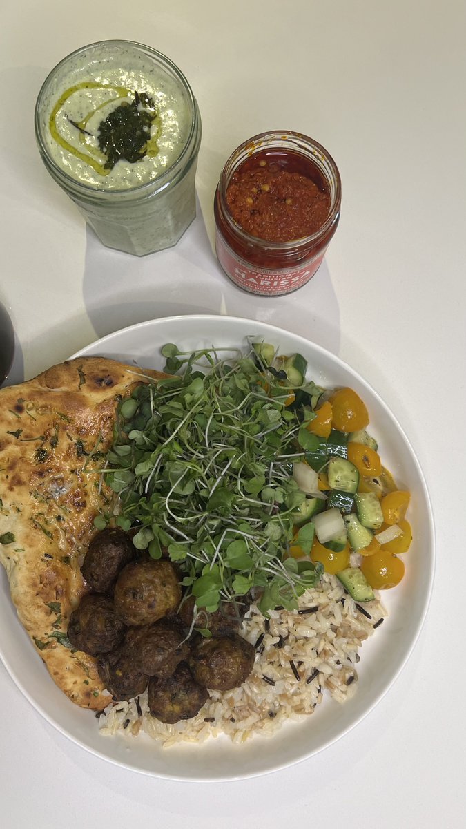 juhmeer's tweet photo. lamb meatballs w/ herb tzatziki + wild rice, cucumber tomato salad and garlic naan. https://t.co/wnow6rzxG8