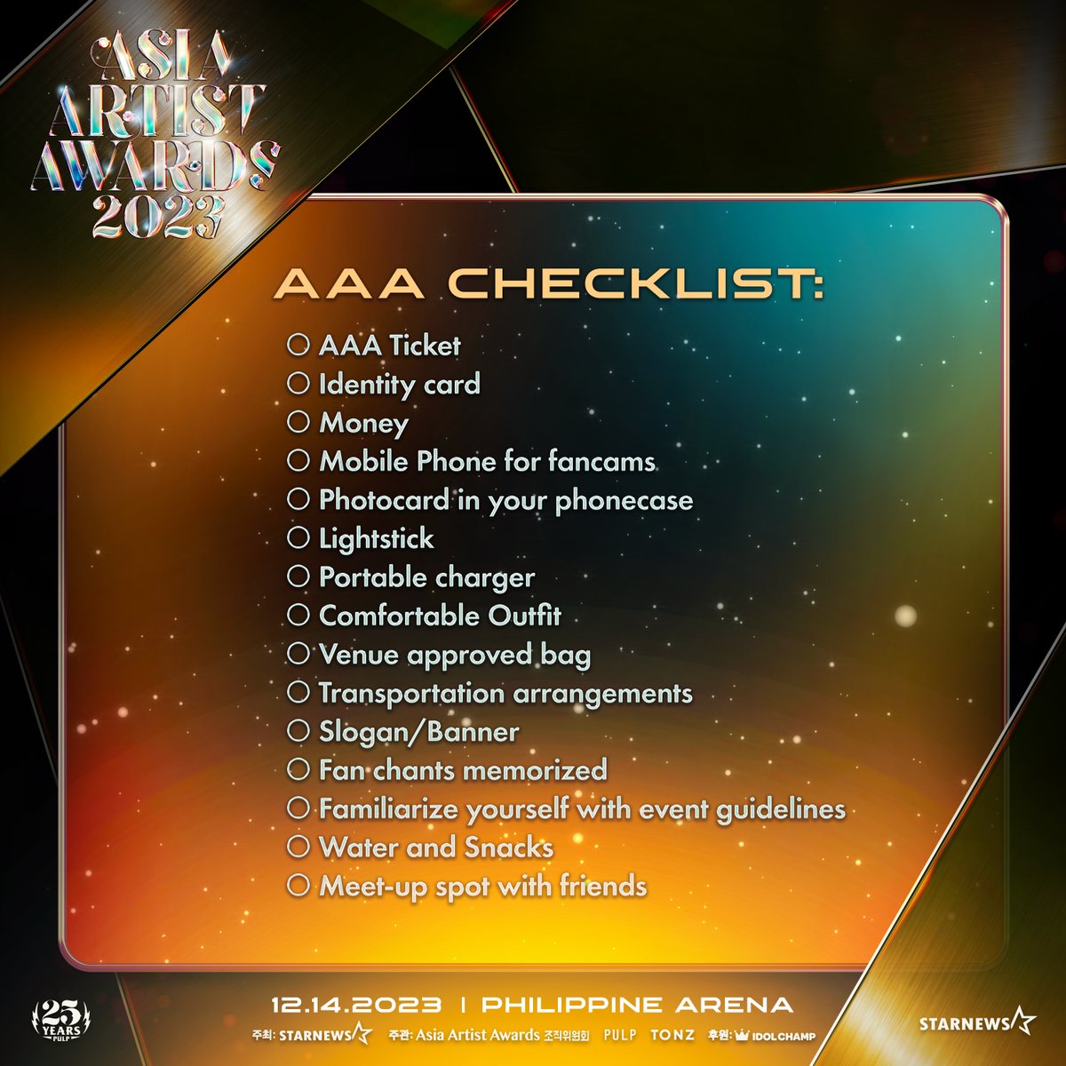 pulpliveworld's tweet photo. Are you ready to shine at the ASIA ARTIST AWARDS 2023 on December 14 at the Philippine Arena? ✨ Check off what you've prepped and share your checklist with us! ✅
#AAA2023inPH https://t.co/tKsQdDUZrm