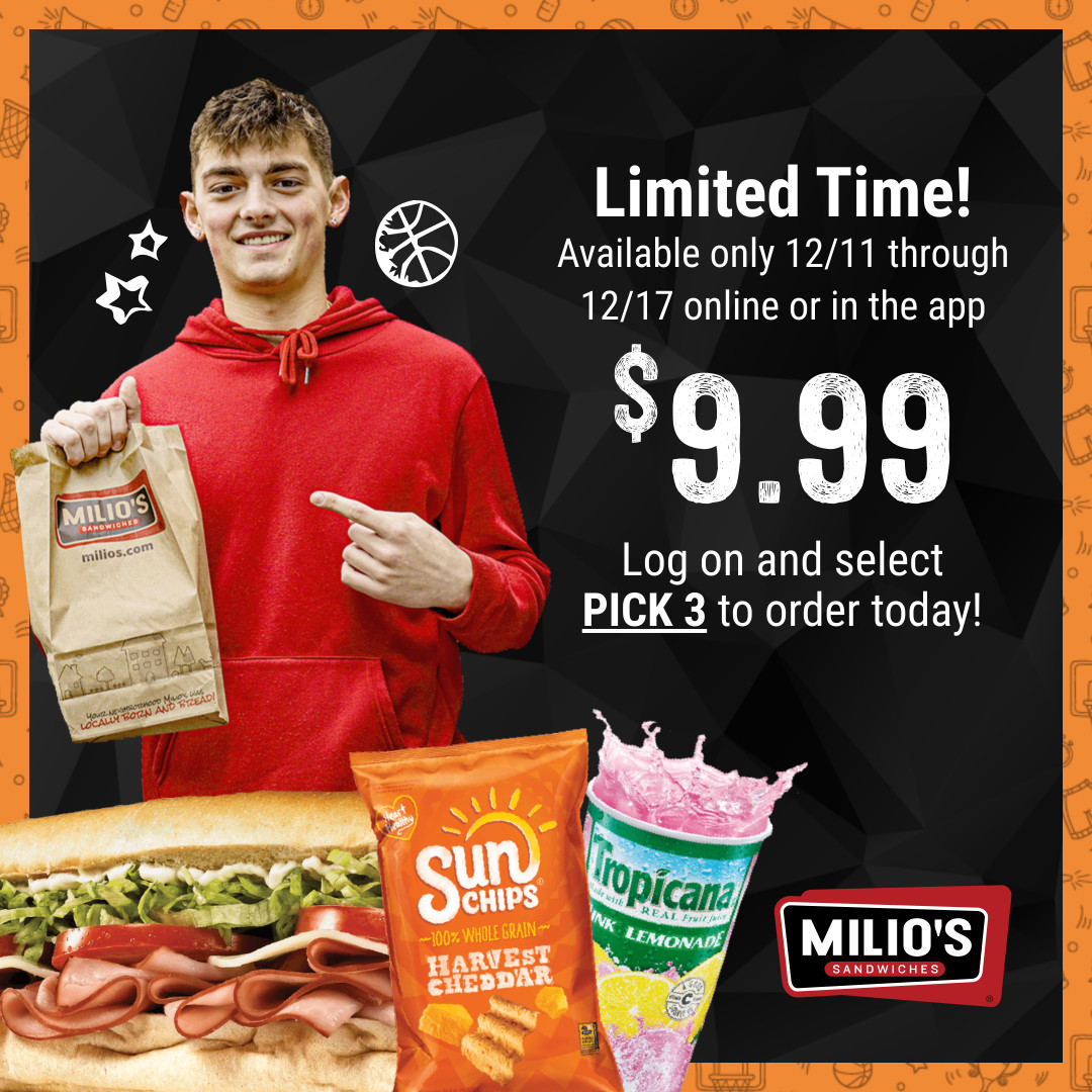 Milio's Sandwiches (@miliossandwich) on Twitter photo Score with Wisconsin Badger <a href="/CEssegian/">Connor Essegian</a>'s special meal deal for only $9.99! Available through Sunday online or in the app! Score with Wisconsin Badger <a href="/CEssegian/">Connor Essegian</a>'s special meal deal for only $9.99! Available through Sunday online or in the app!