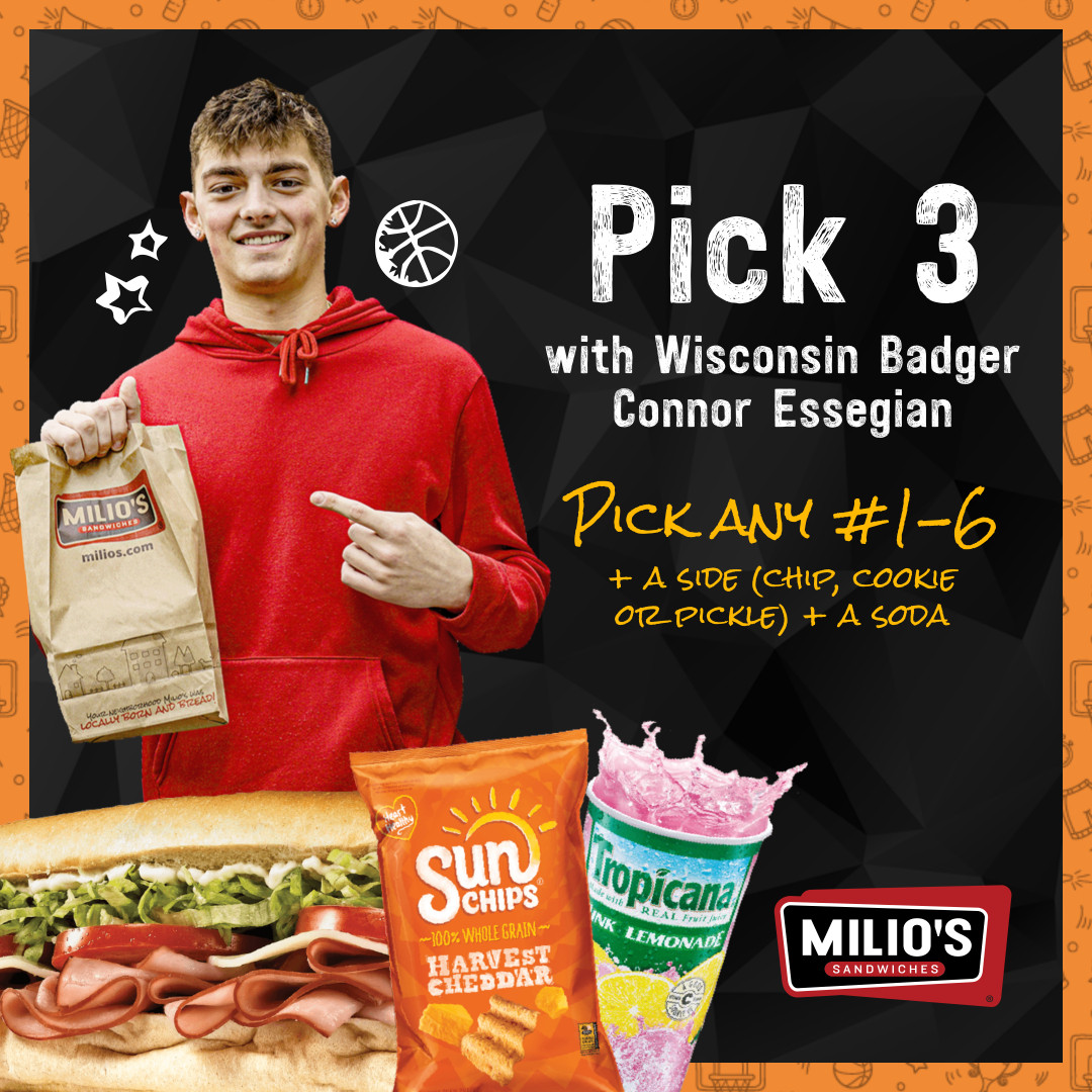 Milio's Sandwiches (@miliossandwich) on Twitter photo Today's the last day! Score with Wisconsin Badger <a href="/CEssegian/">Connor Essegian</a>'s special meal deal for only $9.99! Order online or in the app. Today's the last day! Score with Wisconsin Badger <a href="/CEssegian/">Connor Essegian</a>'s special meal deal for only $9.99! Order online or in the app.