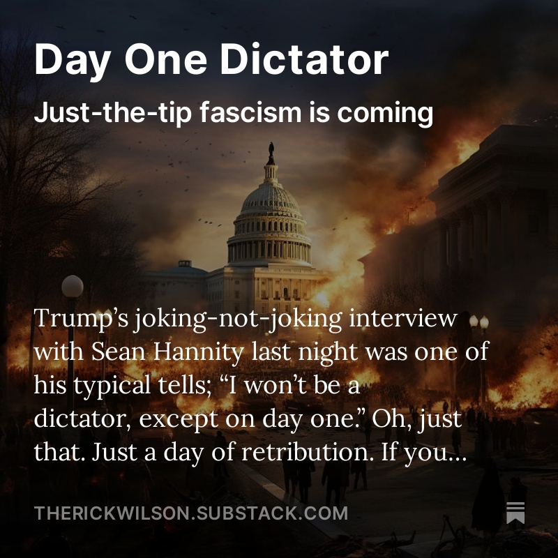 Since none of the people on stage tonight have a chance in hell of beating Trump, we need to take him seriously and literally. And watch what his minions are saying. Read: 'Day One Dictator' to see how close we are to Trump's next, very dark act. open.substack.com/pub/therickwil…