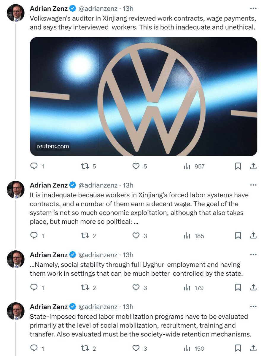 RnaudBertrand's tweet photo. This is an absolutely extraordinary series of tweets by Adrian Zenz, the Victims of Communism Memorial Foundation employee at the origin of the "Uyghur forced labor" allegations.

He responds to the results of the audit Volkswagen commissioned independent German auditing firm Loening to perform at its Xinjiang site, where they checked the contracts and salary payments of all 197 employees, as well as conducted 40 interviews. They found "no sign of forced labor" and were "unable to identify any special security measures"(https://t.co/KCpeYJthGe)

So Mr Zenz's challenge is "how do I square this circle?"... And he chooses to do so in the most extraordinary way, by basically arguing that employers in Xinjiang just cannot ascertain whether they have forced labor in their ranks. They can't because "workers in Xinjiang's forced labor systems have contracts [meaning they can resign], and a number of them earn a decent wage". So even though you pay your workers well and put them on flexible work contracts, it means nothing. According to Zenz you can't even ask your employees about it because it's "profoundly unethical to attempt to interview Uyghurs in Xinjiang". 

Which is an extraordinarily convenient answer to all these companies finding no trace of forced labor in Xinjiang (Volkswagen wasn't the only one, numerous other companies performed audits which yielded no result, like Sketchers: https://t.co/UMBBChJhej). Basically: "you find no trace of forced labor because it's impossible for you know" 🤷

So what does "forced labor" mean if the people concerned earn decent wage and are on normal employment contracts?

According to Mr Zenz it means "social stability through full Uyghur employment and having them work in settings that can be much better controlled by the state". Which is achieved through "social mobilization, recruitment, training and transfer". Which is simply absolutely unreal a definition for forced labor. Which state doesn't want social stability and full employment? Which states doesn't organize job-related training and recruitment programs to achieve this? And how does that even remotely constitute forced labor? As for people "working in settings that can be much better controlled by the state", what does that even mean if the people work for private companies like Volkswagen with decent wages and normal employment contracts, and in a work setting where the employer itself is unable to identify any trace of forced labor? It's meaningless.

And what's the corollary? That to be satisfied there's no forced labor in Xinjiang one would need to see social instability, mass unemployment, and a society where the state has lost control? It's ridiculous. This all goes to show just how insanely flawed this whole narrative is.

The most laughable part is his conclusion: "the only ethical choice is full withdrawal". Looks like he indeed wants to see mass unemployment in Xinjiang... Bear in mind the guy works for the Victims of Communism Memorial Foundation, an American anti-communist propaganda shop founded by an act of Congress. So no doubt he'd love to see instability and suffering in China, because that'd prove "communism doesn't work". In the meantime, he's forced to keep trying to square his circles. Maybe the only instance of forced labor we have in this whole story is him.