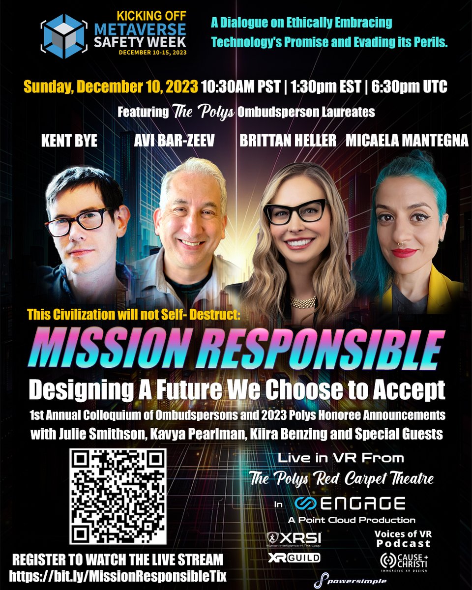 The Polys - Immersive Awards (@webxrawards) on Twitter photo We're kicking of <a href="/MetaSafetyWeek/">MetaverseSafetyWeek</a> with a special conversation in VR between The Polys Ombudsperson of the Year <a href="/kentbye/">Kent Bye (Voices of VR)</a> Avi Bar-Zeev, <a href="/brittanheller/">Brittan Heller</a>, and 2023 Honoree <a href="/abogamers/">Micaela Mantegna #Metaverse ethics architect</a> hosted by <a href="/juliesmithso/">Julie Smithson</a> with <a href="/DoubleEyePro/">Kiira</a> & Kavya Pearlman w/Special Guests. bit.ly/MissionRespons… We're kicking of <a href="/MetaSafetyWeek/">MetaverseSafetyWeek</a> with a special conversation in VR between The Polys Ombudsperson of the Year <a href="/kentbye/">Kent Bye (Voices of VR)</a> Avi Bar-Zeev, <a href="/brittanheller/">Brittan Heller</a>, and 2023 Honoree <a href="/abogamers/">Micaela Mantegna #Metaverse ethics architect</a> hosted by <a href="/juliesmithso/">Julie Smithson</a> with <a href="/DoubleEyePro/">Kiira</a> & Kavya Pearlman w/Special Guests. bit.ly/MissionRespons…
