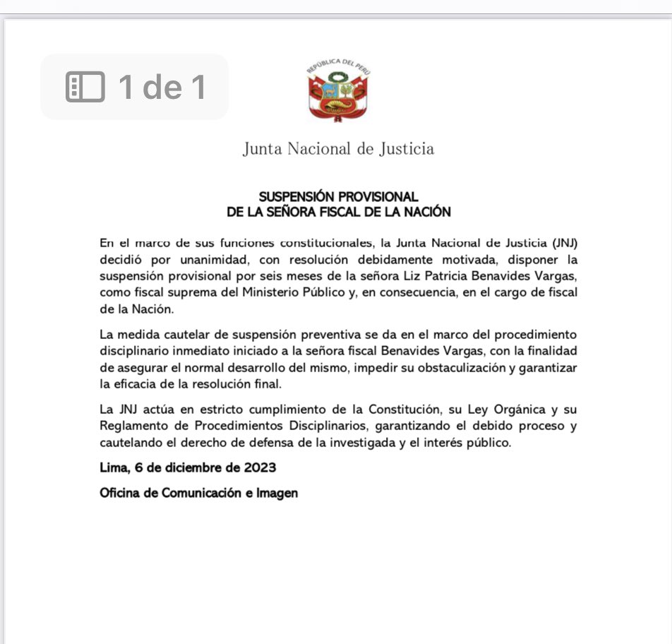 #LOÚLTIMO Junta Nacional de Justicia suspende provisionalmente durante seis meses a Patricia Benavides como fiscal suprema, por lo que deberá dejar el cargo de fiscal de la Nación.