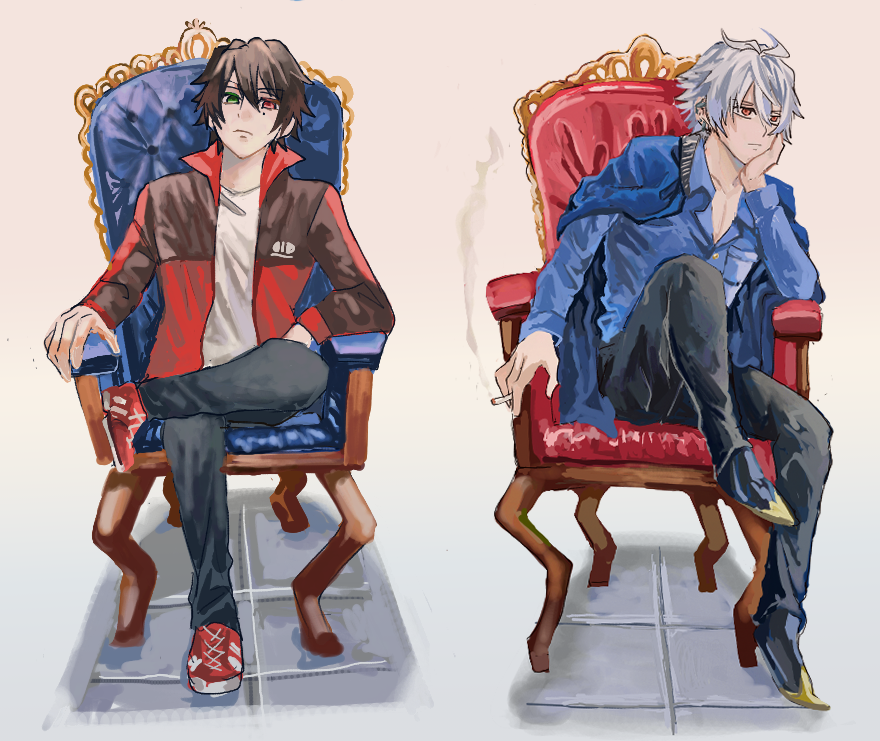 2boys multiple boys sitting jacket chair red eyes male focus  illustration images