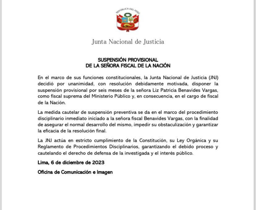 🚨 URGENTE: Junta Nacional de Justicia suspende provisionalmente por seis meses a la fiscal Patricia Benavides Vargas
como fiscal suprema del Ministerio Público y como fiscal de la Nación.
