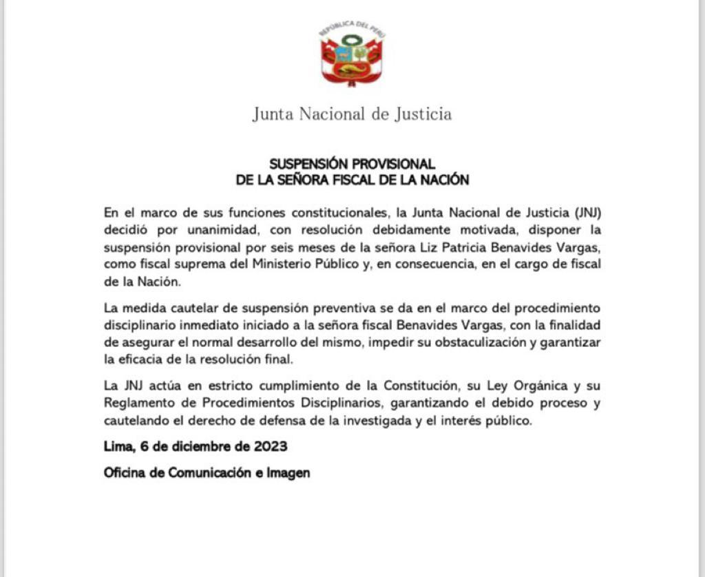 CristhianRS's tweet photo. Al fin! La Junta Nacional de Justicia suspendió provisionalmente a Benavides como Fiscal Suprema y por ende como Fiscal de la Nación. 
#FueraBenavides https://t.co/onH9voYPvx