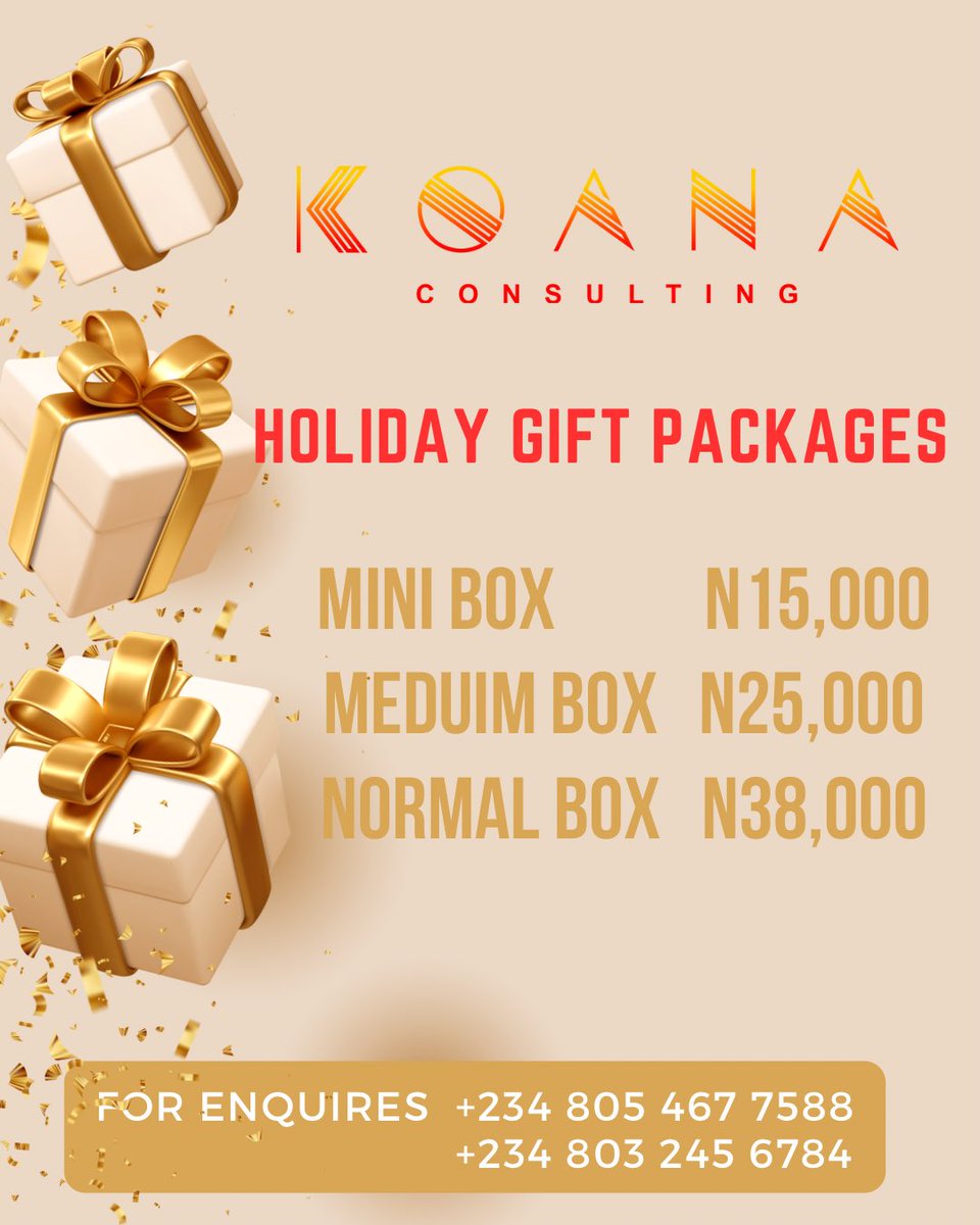 koanaconsulting's tweet photo. Celebrate the holiday spirit in style! 

KOANA Consulting has your back for expressing gratitude to employers, employees, colleagues, and clients. 

Contact us today and spread the joy!

Lagos, Nigeria. 

#gifts #hampers #holidayjoy https://t.co/Y8MwJMpQtM