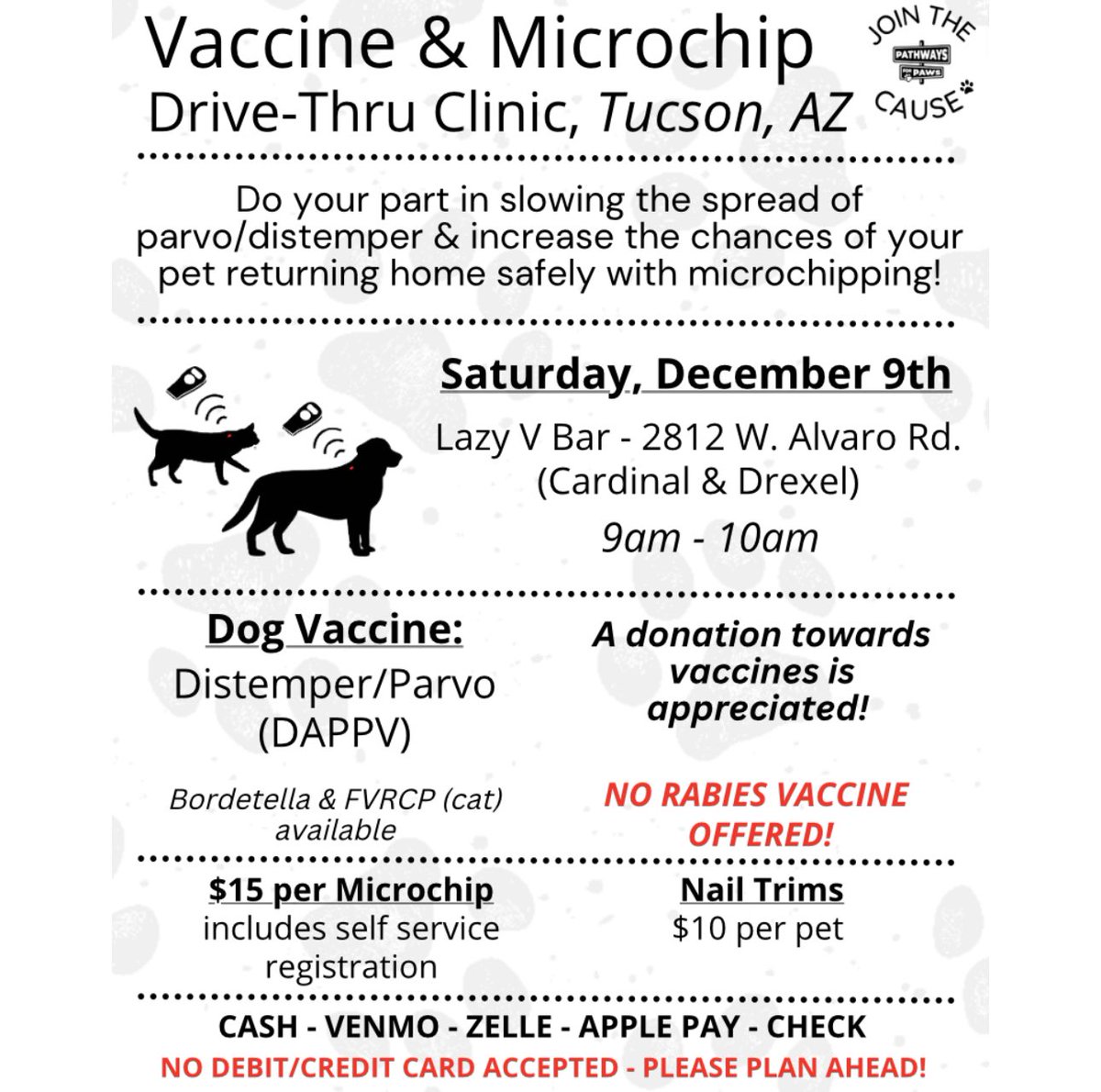If you missed our Drive-Thru Vaccine & Microchip Clinic this evening, we will be at the Lazy V Bar this Saturday, December 9th from 9a-10a 🐾 Please remember to keep yourselves & your pets inside your vehicle for everyone’s safety! Please plan ahead, no excuses! @whatsuptucson