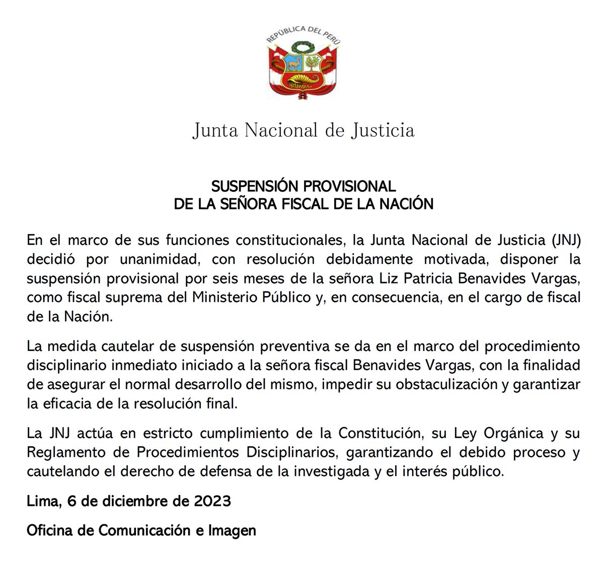 JNJPeru's tweet image. #Comunicado 📣 | La @JNJPeru comunica la suspensión provisional de la fiscal de la Nación.
